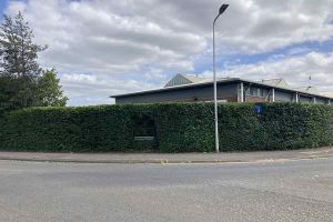trimmed hedge with commercial office